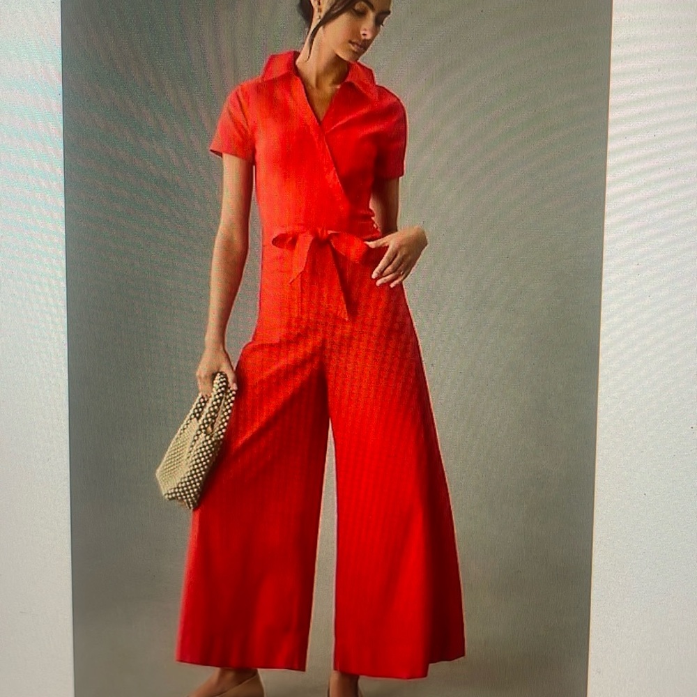 Anthropologie Red Short-Sleeve Wrap Jumpsuit